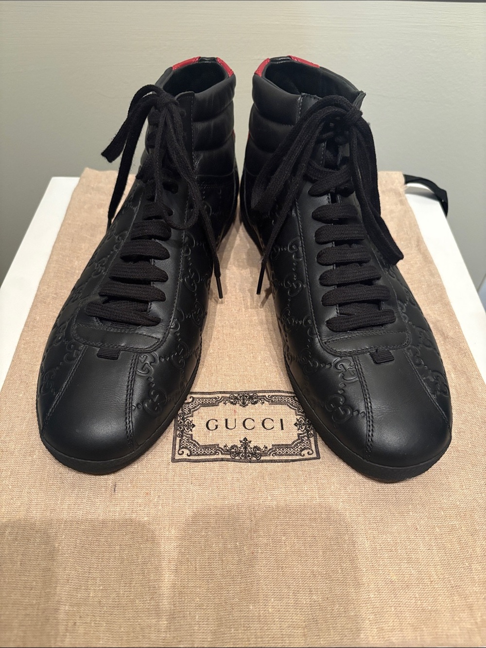 Gucci Black Leather High-Top Sneakers with Red Trim